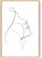 Minimalist Woman Profile Wall Art Upward Gaze Continuous Line Drawing Feminine Face 24x36 Inch Oak Wood Beige Framed Modern Aesthetic Print for Living Room
