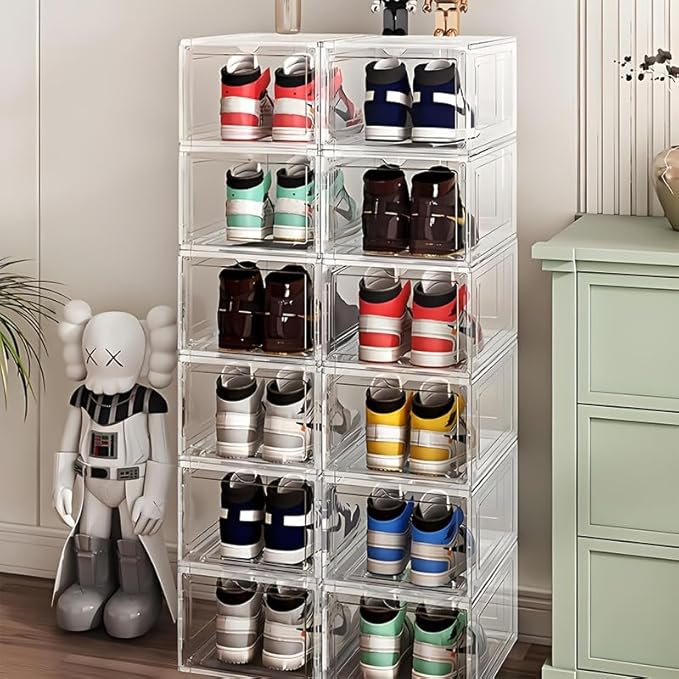 10-pack transparent acrylic shoe boxes, stackable and foldable storage boxes with magnetic snaps, suitable for sneakers, bedroom, dormitory storage, transparent color.