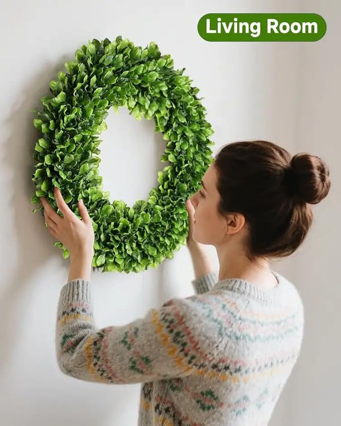 DDHS 24 Inch Large Boxwood Wreath for Front Door, Round Artificial Spring Summer Greenery Wreath with Hello Sign & Sash, Green Wreaths for Farmhouse Wedding Year Round Indoor Outdoor Home Decor