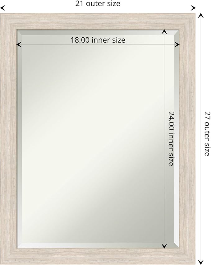 Amanti Art White Wall Mirror 27x21 Hardwood White Wash Narrow Rectangle Bathroom Mirror for Wall Decor Living Room, Medium Country Rustic Wood Frame, Hangs Horizonally and Vertically, Bathroom Decor,