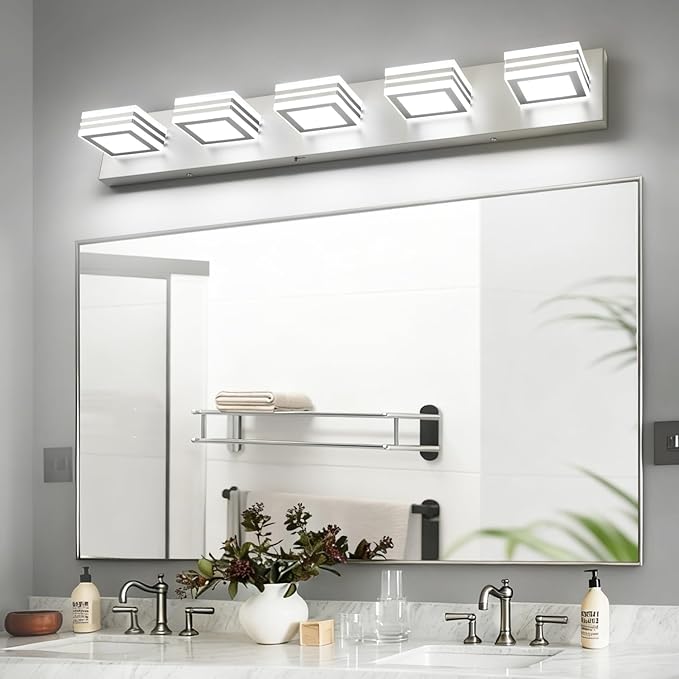 SOLFART LED Bathroom Lighting Fixtures - 5 Lights Modern Brushed Nickel Acrylic Vanity Lights for Mirror 32inch 24W 5CCT