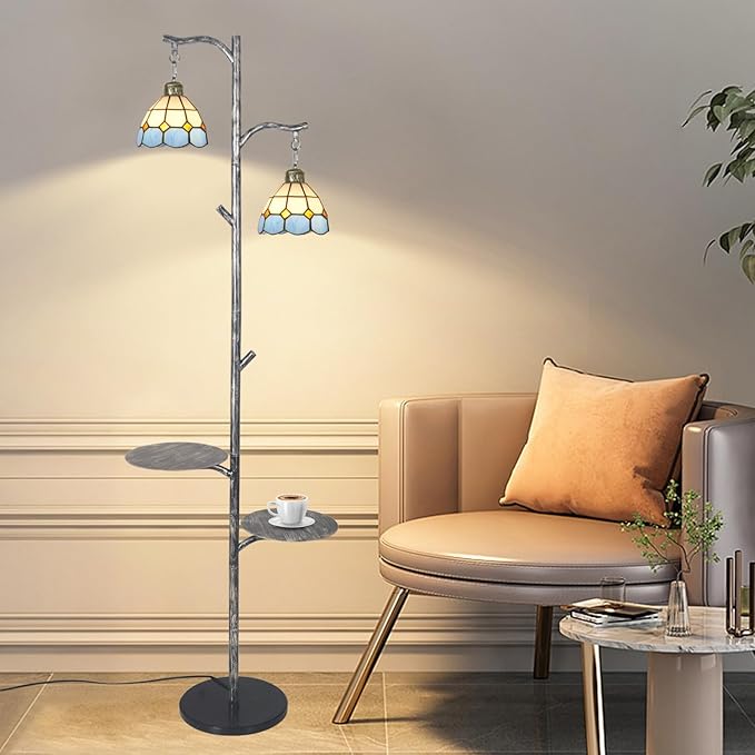 beaysyty Tiffany Style Stained Glass Retro Floor Lamp with Tray, Dimmable Floor Lamps, Custom Color Temperature Standing Lamp for Living Room and Bedroom, Painted Silver Gray