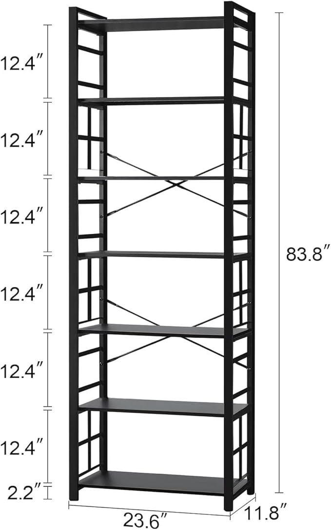 HOMBAZAAR 7 Tier Bookshelf,84 inch Tall Industrial Bookcase with Metal Frame and Open Shelves,Rustic Heavy Duty 7 Shelf Bookcase, Office Book Shelves for Living Room and Bedroom,Black