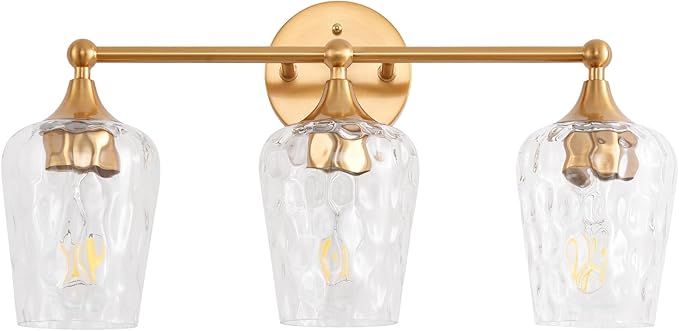 20 inch 3-Light Gold Vanity Light,Modern Wall Sconce with Rippled Glass Lampshade,Bathroom Lighting Fixture Over Mirror for Living Room,Bedroom,Hallway