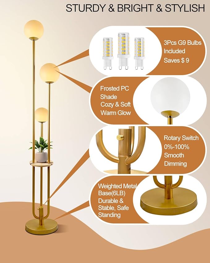 Lightdot Gold Globe Floor Lamp 3-Lights Dimmable Floor Lamps with Tray& Bulbs Included Unique Floor Lamp Candle Holder Style Modern Standing Lamps for Living Room/Bedroom//Sofa Beside/Corner Decor