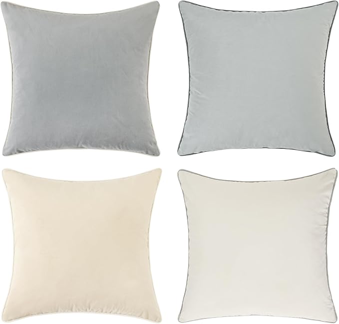 Mecatny Set of 4 Velvet Throw Pillow Covers 20x20, Soft Neutral Accent Decorative Couch Pillow Covers for Sofa Bedroom Living Room, Grey/Beige