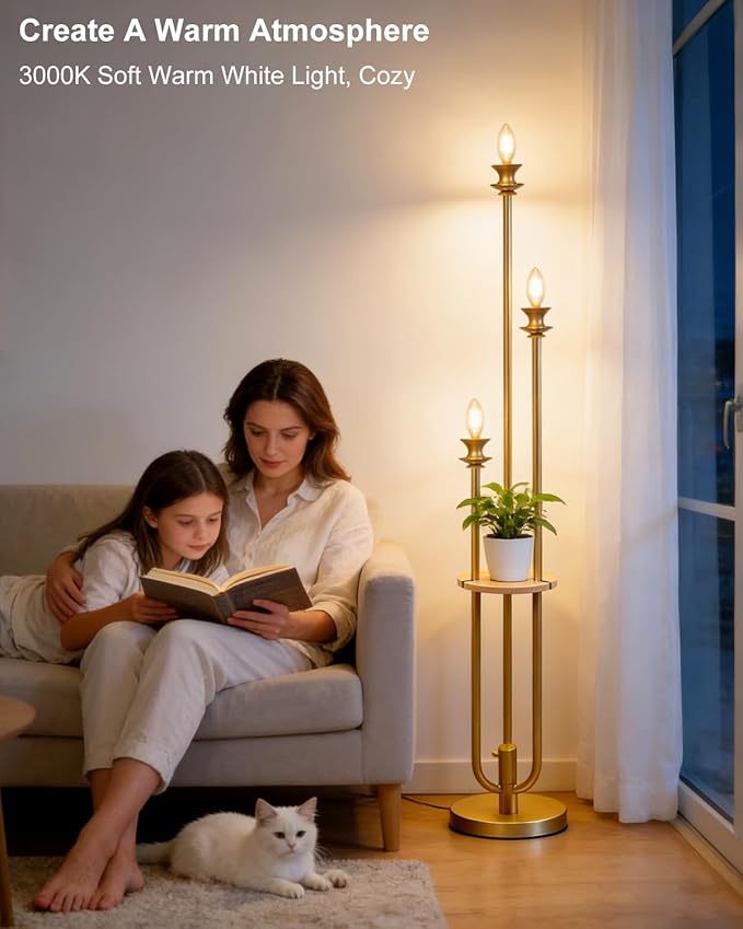 Lightdot Gold Dimmable Floor Lamp with Table, Modern Floor Lamps for Living Room, 3000K Warm Lights Tall Standing Lamp with Candle Bulb Included for Bedroom/Home Office/Sofa Beside/Corner Decor