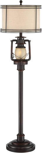 Barnes and Ivy Henson Rustic Industrial Farmhouse Standing Floor Lamp with Night Light Glass 63" Tall Bronze Earthy Fabric Drum Shade Decor for Living Room Reading House Bedroom Home