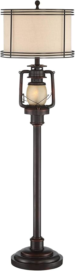 Barnes and Ivy Henson Rustic Industrial Farmhouse Standing Floor Lamp with Night Light Glass 63" Tall Bronze Earthy Fabric Drum Shade Decor for Living Room Reading House Bedroom Home