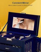 Homde Valentine's Day Gifts Synthetic Leather Huge Jewelry Box Mirrored Watch Organizer Necklace Ring Earring Storage Lockable Gift Case (Dark Blue + Gold)
