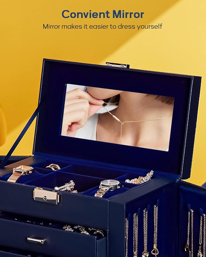 Homde Valentine's Day Gifts Synthetic Leather Huge Jewelry Box Mirrored Watch Organizer Necklace Ring Earring Storage Lockable Gift Case (Dark Blue + Gold)