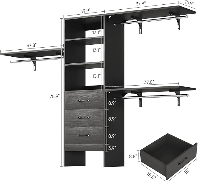 Flrrtenv 8FT Closet System, 96'' Closet Organizer System with 3 Hanging Rods, Wall Mount Bedroom Wardrobe with 3 Drawers Walk-in Closet, Adjustable Cloth Garment Rack from 5 to 8FT (Cut to Fit), Black