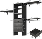 Flrrtenv 8FT Closet System, 96'' Closet Organizer System with 3 Hanging Rods, Wall Mount Bedroom Wardrobe with 3 Drawers Walk-in Closet, Adjustable Cloth Garment Rack from 5 to 8FT (Cut to Fit), Black