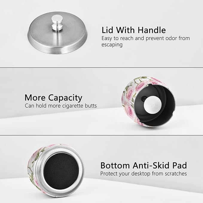 Pink Roses Leaves Vintage Ashtray with Lid, Outdoor Ashtrays for Patio, Stainless Steel Ashtray Odorless Smokeless for Home Office Balcony