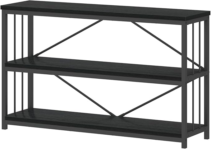 IBF Low Horizontal Book Shelf, Industrial Modern 3 Tier Bookshelf, Farmhouse Short Open Storage Organizer Long Shelf, Simple Wide Wood Metal Sturdy Etagere for Bedroom Living Room, Black Oak, 47 in
