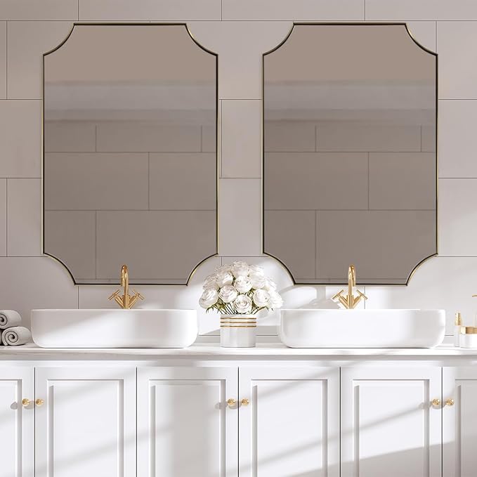 ANDY STAR 30x40 Inch Brushed Gold Mirror, Gold Scalloped Bathroom Mirror, Unique Rectangle Mirror in Never-Rust Stainless Steel Metal Frame, Wall Mount Vertical or Horizontal