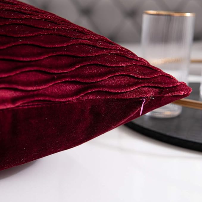Wine Red Throw Pillow Covers: 2 Pack 22x22 Inch Original Striped Velvet Square Decorative Pillow Cases for Farmhouse Couch