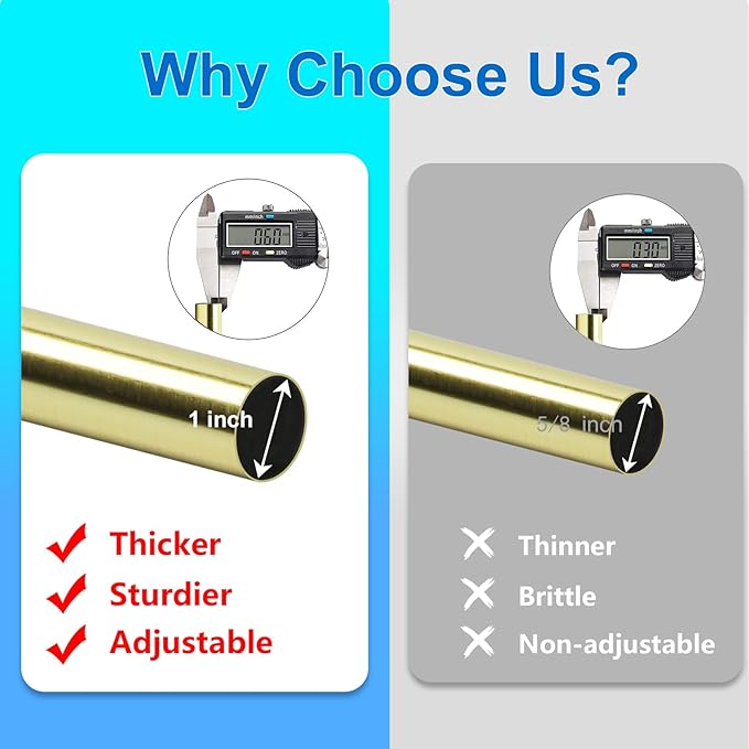 Curtain Rods for Windows 16 to 170 Inches Adjustable Length 1 Inch Diameter Window Curtain Rod with Aluminium Finials, Gold