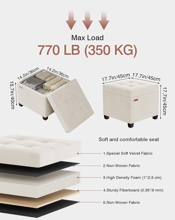 17.7 inches Velvet turfed Ottomans Cube with Legs, Metal-Framed Square Linen Storage Ottoman Foot Rest Stool Holds 770 LB for Dorm Living Room Bedroom White UASND64W