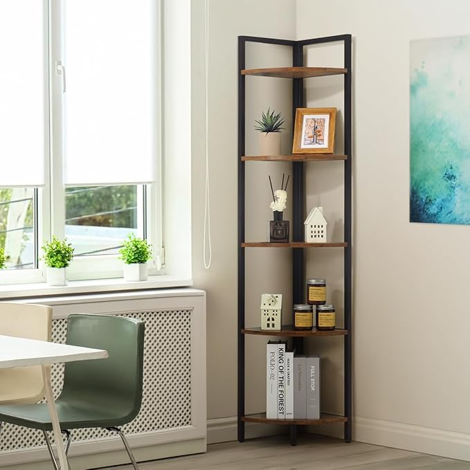 CAPHAUS 5 Tier Corner Shelf, 59.1-Inch Tall Bookshelf, Display Rack With Metal Frame, Round Shelf Unit, Stand for Bathroom, Living Room, Home, Office, Rustic Oak