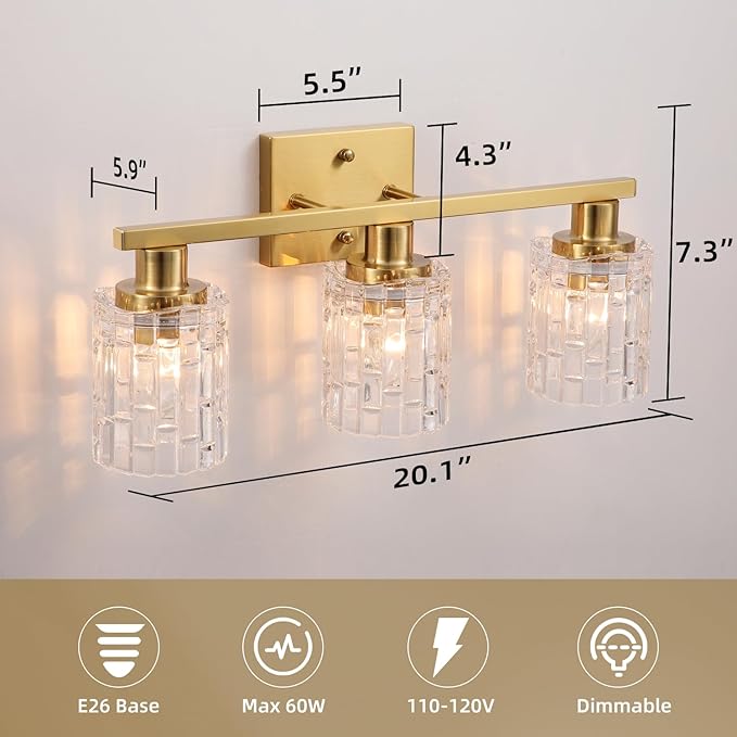 3 Light Brushed Gold Bathroom Vanity Light Over Mirror, Modern Vanity Lighting with Crystal Glass Shade, Wall Mount Bathroom Light Fixtures, E26 Base