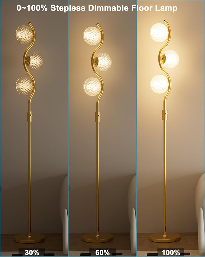 60IN Dimmable Gold Standing Lamps, Ice Crystal Modern Floor Lamp with 3000K G9 Bulbs Included, Mid Century Vintage Globe Floor Lamp for Living Room