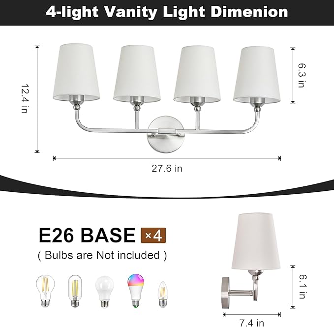 Kvhilw Bathroom Vanity Light, Brushed Nickel Bathroom Light Fixtures, 4-Light Lighting Fixtures Over Miror, Modern Wall Sconce with Flared White Fabric Shade, E26 Socket(ETL Listed)