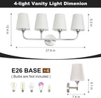 Kvhilw Bathroom Vanity Light, Brushed Nickel Bathroom Light Fixtures, 4-Light Lighting Fixtures Over Miror, Modern Wall Sconce with Flared White Fabric Shade, E26 Socket(ETL Listed)