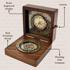 Vintage Wooden Box with Clock and Compass, Shelf Decor, London Style Roman Numeral Display, Steampunk Desk/Mantel Clocks, Wedding, Engagement Gift for Men or Women, for Husband Wife