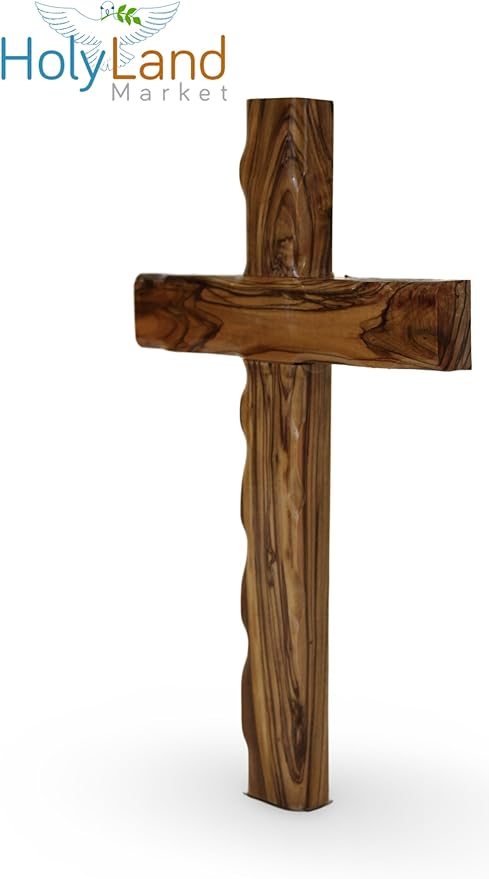Holy Land Market Olive Wood Cross from Bethlehem - Inspirational Wall Cross for Christians, Hand Carved Wooden Cross for Wall with Certificate & Lord's Prayer Card, 10 Inches, Jerusalem Stamp