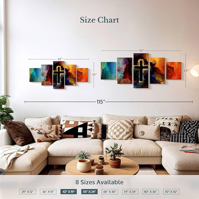 Elephant Stock Colorful Cross Wall Art Multi Piece Canvas - 5 Panel Christian Pictures Decor - Digital Design Canvas Print - Christian Wall Decor - 42" X 19"