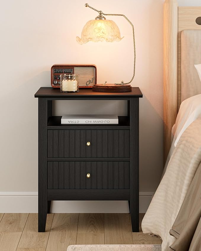Fluted Nightstand, Farmhouse Night Stand with 2 Drawers, Mid Century Modern Side Accent Table,Bedside End Table for Bedroom, Living Room, Black