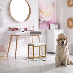 Faux Fur Vanity Stool Chair, Vanity Chair with Gold Metal Leg, Furry Soft Padded Makeup Footstools Seat Ottoman, Modern Chairs for Makeup, Bedroom, Square Small Stool Bench for Vanity White&Gold