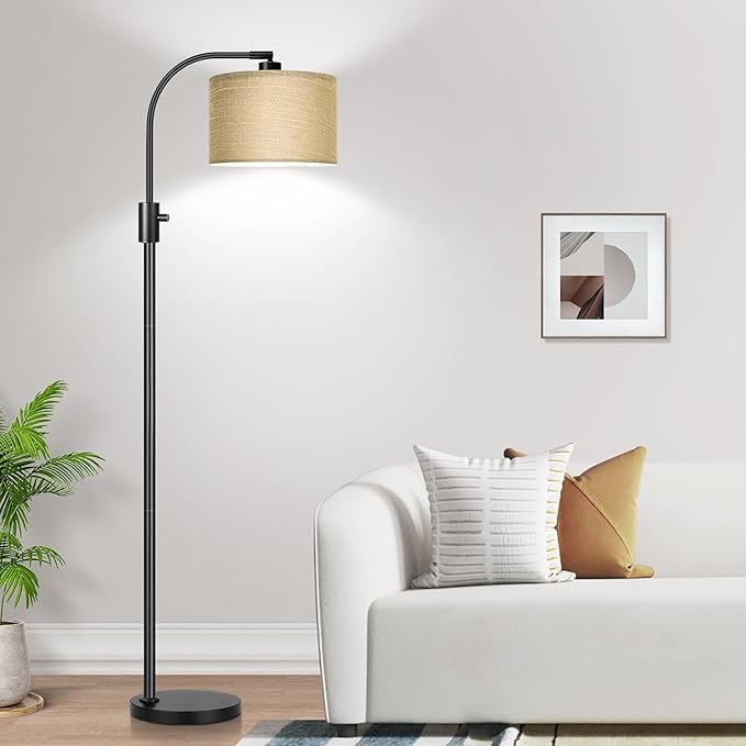 【Upgraded】 Dimmable Matte Black Floor Lamp, 1201 Lumens LED Bulb Included, Arc Floor Lamps for Living Room Modern Standing Lamp with Champagne Linen Shade, Tall Lamp for Living Room Bedroom Office