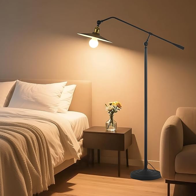 Swing Arm Floor Lamp Smart Remote Dimming for Living Room Corner Table Bedroom Office Library Farmhouse Reading Standing Tall Lights, Bright Adjustable Black Retro Rustic Industrial Home Decor
