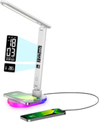 LED Desk Lamp with 10W QI Wireless Charging, Flexo Table Lamp with 3 Colors and 5 Brightness Levels with Charging Function,USB,Clock,Temperature,LCD,Date,Touch Control. (White)