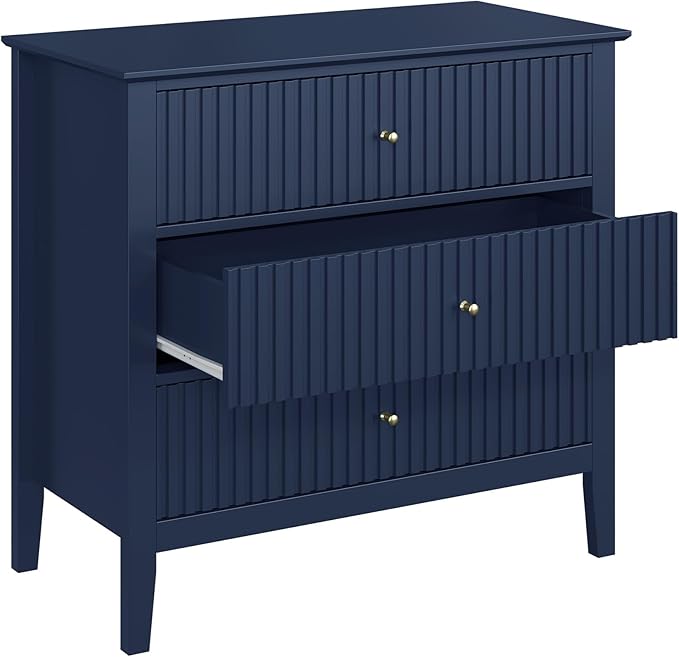 Large Blue 3-Drawer Dresser, 30 Inch Tall Painted Wood Nightstand with Storage, Wide Modern Chest of Drawers with Ball Bearing Slide for Bedroom Hallway Living Room Entryway Office