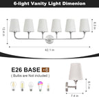Kvhilw Bathroom Vanity Light, Brushed Nickel Bathroom Light Fixtures, 6-Light Lighting Fixtures Over Miror, Modern Wall Sconce with Flared White Fabric Shade, E26 Socket(ETL Listed)