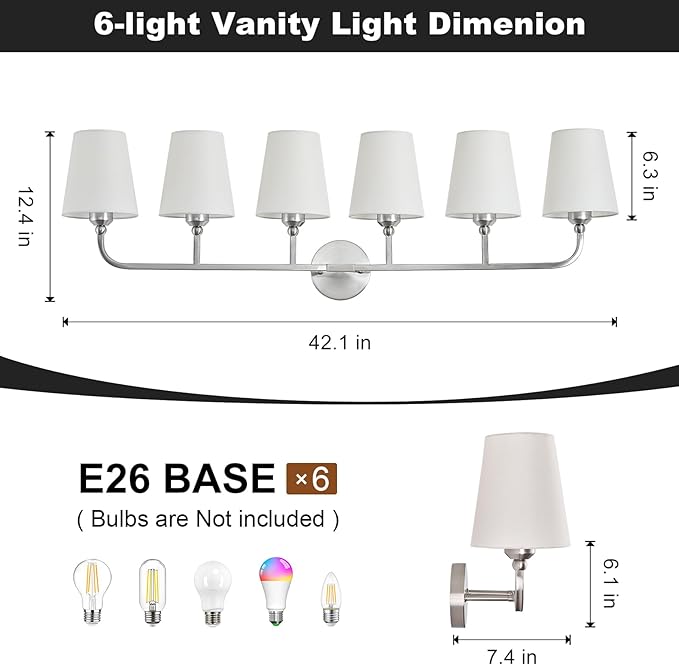 Kvhilw Bathroom Vanity Light, Brushed Nickel Bathroom Light Fixtures, 6-Light Lighting Fixtures Over Miror, Modern Wall Sconce with Flared White Fabric Shade, E26 Socket(ETL Listed)