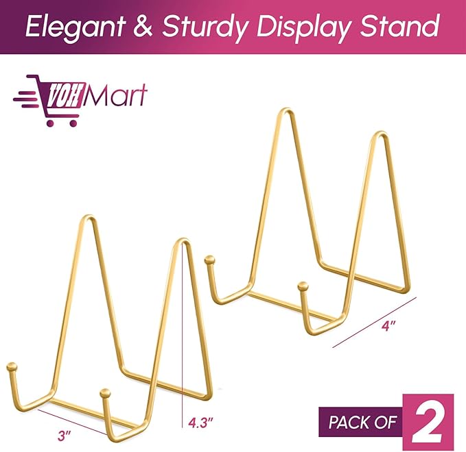 Plate Stands for Display-2 Pack 4 Inch Gold Metal- Book Holder & Book Stand for Table, Racks-Trendy & Sturdy Display Stand for Decorative Art Plate, Tablets-Picture Stand for Party Decor