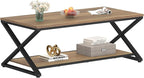 HSH Rustic Farmhouse Coffee Table, Modern Minimalist Wood and Metal Living Room Table, 2 Tie Rectangle Center Table with Storage & Display Shelf, Simple Office Cocktail Tea Table, Rustic Oak, 39 Inch
