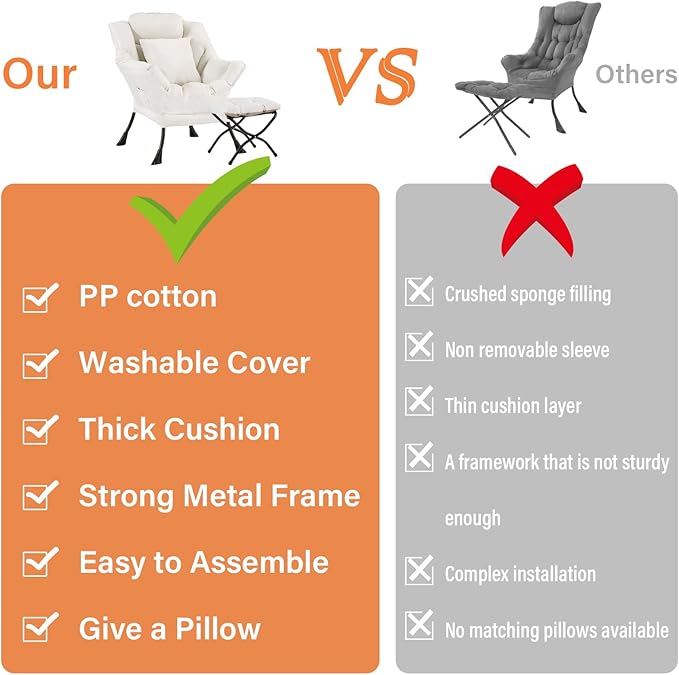 Lazy Chair with Ottoman, Large Lounge Accent Chair with Ottoman and a Throw Pillow, Beige Reading Chair for Living Room Bedroom Dorm Room Office Apartment Relaxing Use