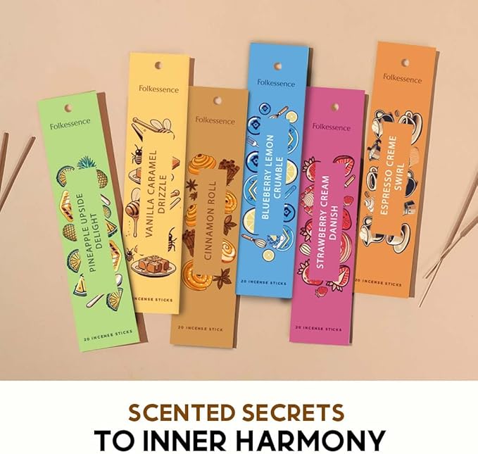 Folkulture Incense Sticks with Holder (120 Sticks) | Set of 6 Incense Sticks For Aromatherapy,Gifts | No Charcoal, Organic, Non Toxic, 45 Mins, Long Burning Vanilla, Caramel, Strawberry Insence-Sticks