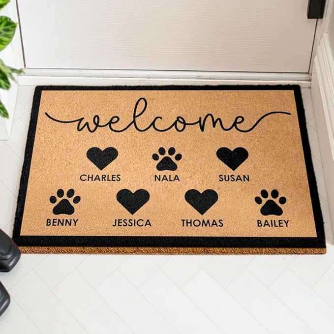 Personalized Coconut Doormat - Welcome Entryway Décor Gift, Custom Family Name Keepsake for Home, Thoughtful Housewarming, Anniversary or Everyday Front Door Accent - Welcome Family Heart Pawprints