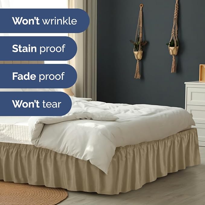 Wrap Around Dust Ruffle Bed Skirt - Khaki - for King Size Beds w/ 12 Inch Drop - Easy Fit Elastic Strap - Adjustable Pleated Bedskirt w/Brushed Fabric - Wrinkle Free - for Women, Men, Kids & Teens