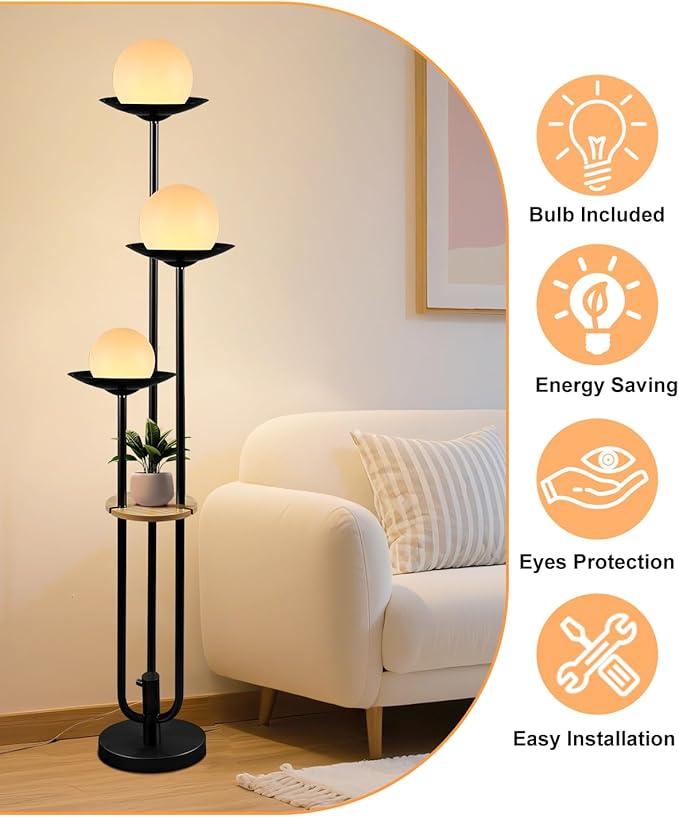 Lightdot Globe Floor Lamp with Shelf 3-Lights Modern Dimmable Floor Lamps for Wedding/Party, 3000K Warm White Bulbs Included, Black Tall Standing Lamp for Living Room/Bedroom/Sofa Beside/Corner Decor