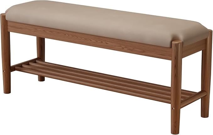 AQIMUELE Shoe Bench Entryway with Cushion, Solid Wood Bench with Shoe Storage, 2-Tier Shoe Rack Bench for Entryway,Hallway (Gray)
