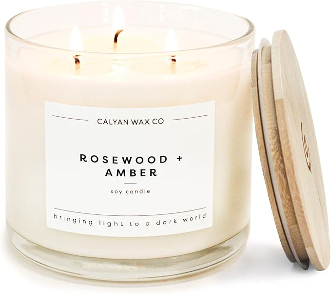 Calyan Wax Co. Rosewood & Amber 3 Wick Scented Candle - 43 Hour Burn - Luxury 3 Wick Soy Candles - Non Toxic Soy Wax Candles - Long Lasting Large Glass Jar Candle for Home - 14.9oz