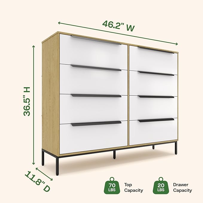 tinge Lira Premium Fabric Dresser - Solid Wooden Frame, 8 Spacious Sag-Proof Drawers with Sleek Metal Handles - Premium & Durable Storage Solution for Your Home (Light Brown)