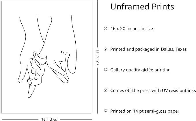 Y2K BOO Holding Hands UNFRAMED Wall Art Interlocking Fingers Continuous Line Drawing Love Connection 16x20 Inch Heavyweight Paper Studio Decor